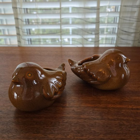 VTG PartyLite Brown Birds Set of 2 Ceramic Tealight Votive Holders 5.25" - Picture 2 of 11